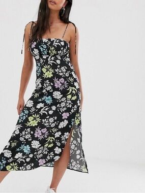 Reclaimed Vintage Black Floral Slip Midi Dress with Pastel Blooms
